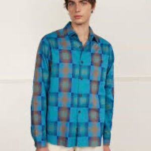 NWT Percival Razzle Check Long Sleeve Shirt Organic Cotton Blue Multi Mens Sz L